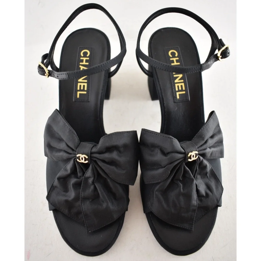Chanel 24A Black Silk Bow Crystal CC Logo Ankle Strap Block Heel Sandals 42 - Picture 13 of 16